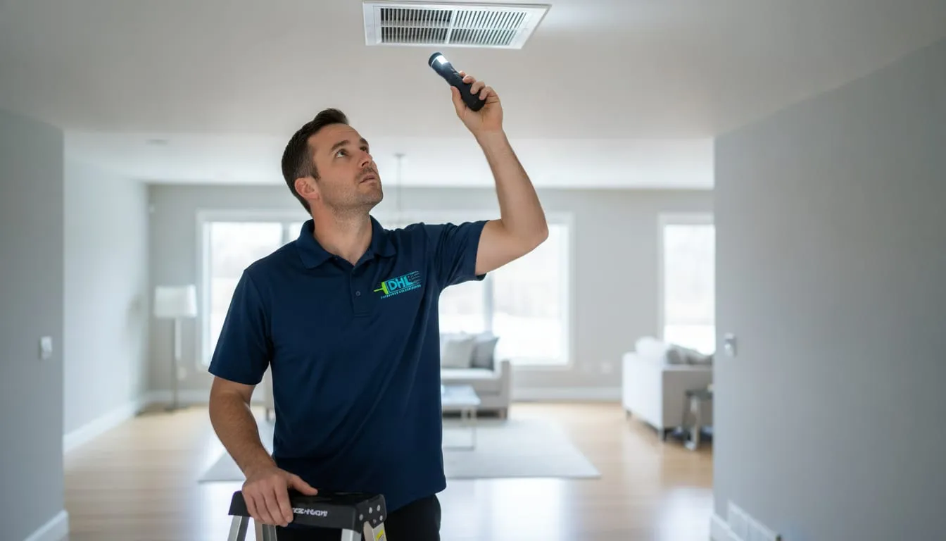 A DHL technician inspecting a ceiling vent for the source of a musty odor.